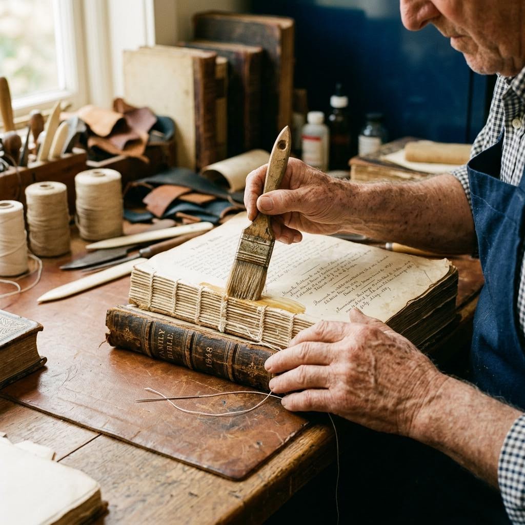 Illustrative image of a bookbinder restoring an old book